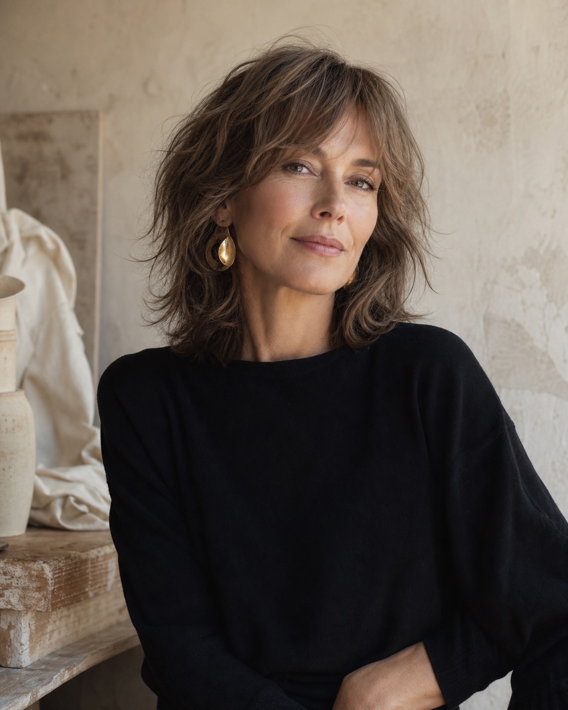 Femme aux longs cheveux noirs et fluides