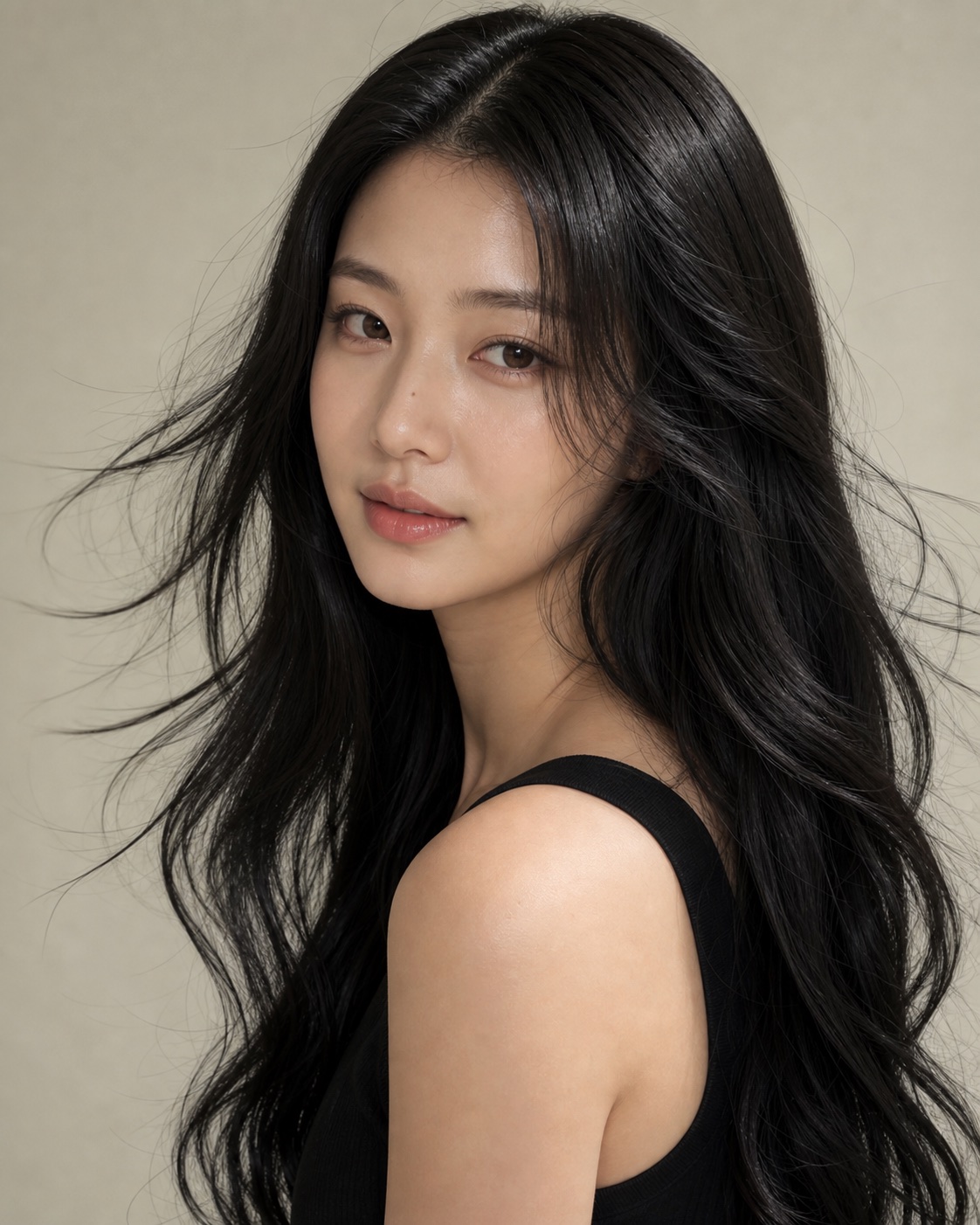길게 흐르는 검은 머리를 가진 여자