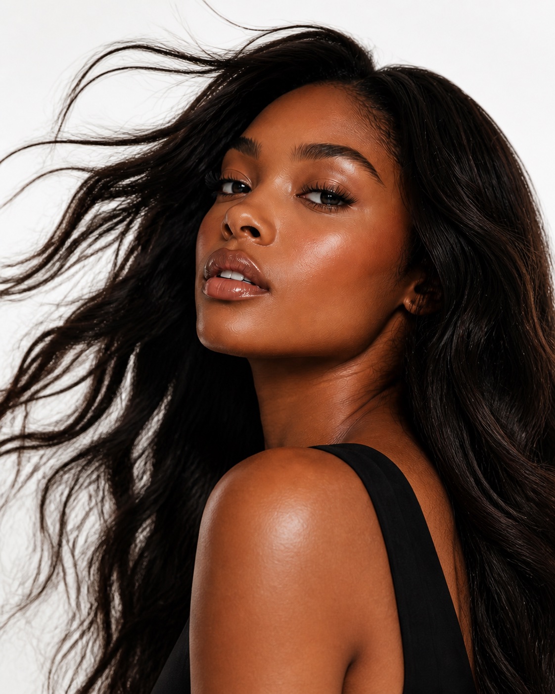 Woman with long flowing dark hair